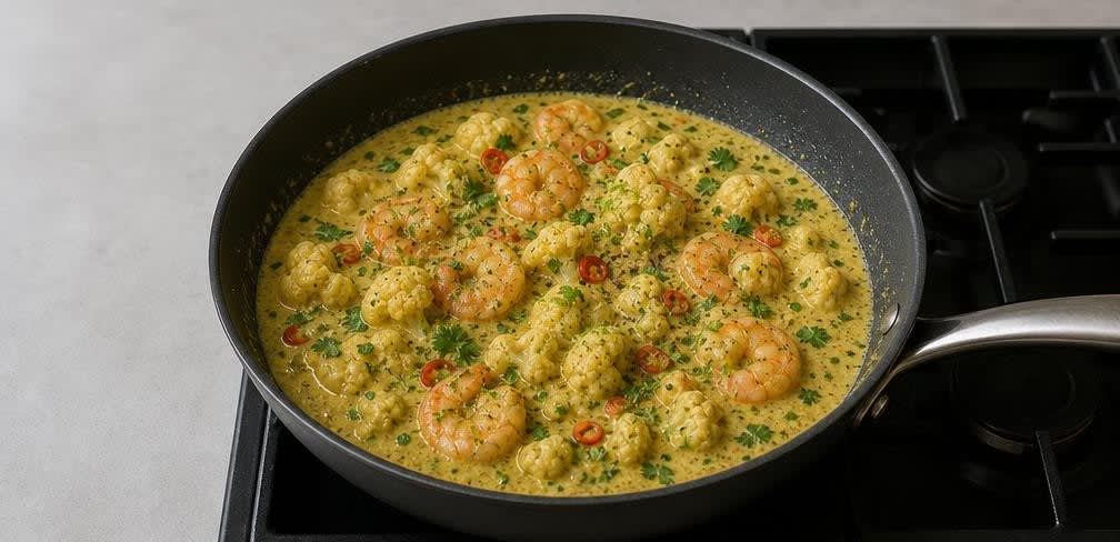 Cremiges Kokos-Curry mit Garnelen und Blumenkohl – Zubereitung Schritt für Schritt – Curry abschmecken