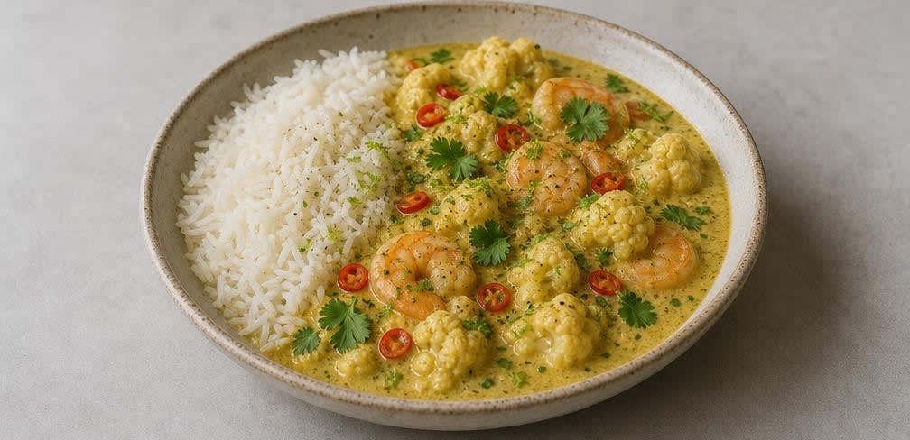 Cremiges Kokos-Curry mit Garnelen und Blumenkohl – Zubereitung Schritt für Schritt – Anrichten