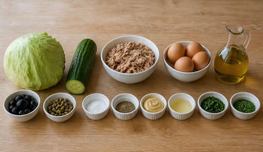 Französischer Thunfisch-Ei-Salat mit Eisberg und Gurke – Zutaten