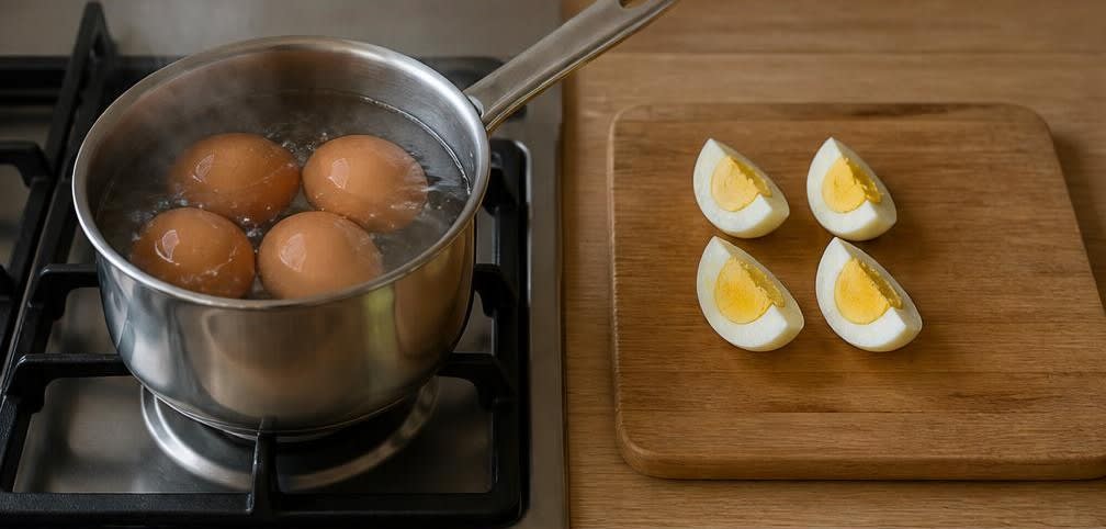 Französischer Thunfisch-Ei-Salat mit Eisberg und Gurke – Zubereitung Schritt für Schritt – Eier kochen und vorbereiten