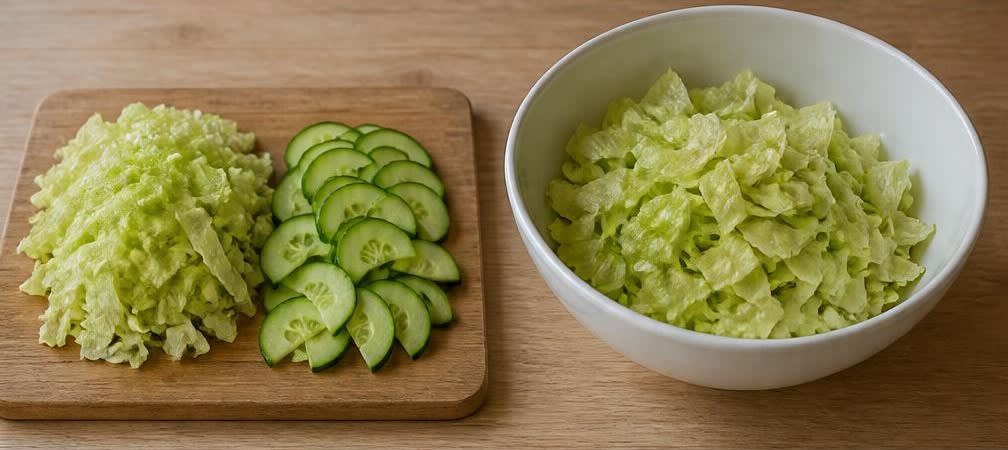 Französischer Thunfisch-Ei-Salat mit Eisberg und Gurke – Zubereitung Schritt für Schritt – Salat und Gurke schneiden
