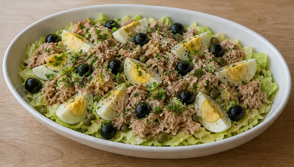 Französischer Thunfisch-Ei-Salat mit Eisberg und Gurke – Zubereitung Schritt für Schritt – Salat anrichten