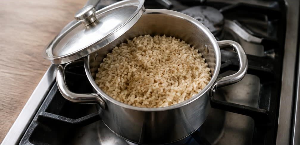 Gebratene Forelle auf grünen Bohnen mit Vollkornreis – Zubereitung Schritt für Schritt – Reis kochen