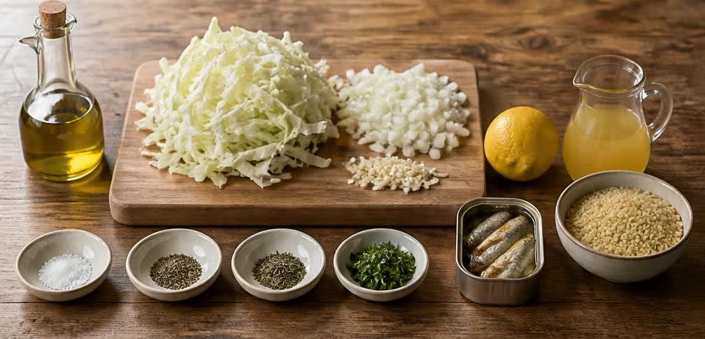 Sardinen auf sanft gedünstetem Weißkohl und Kräuter-Bulgur – Zutaten