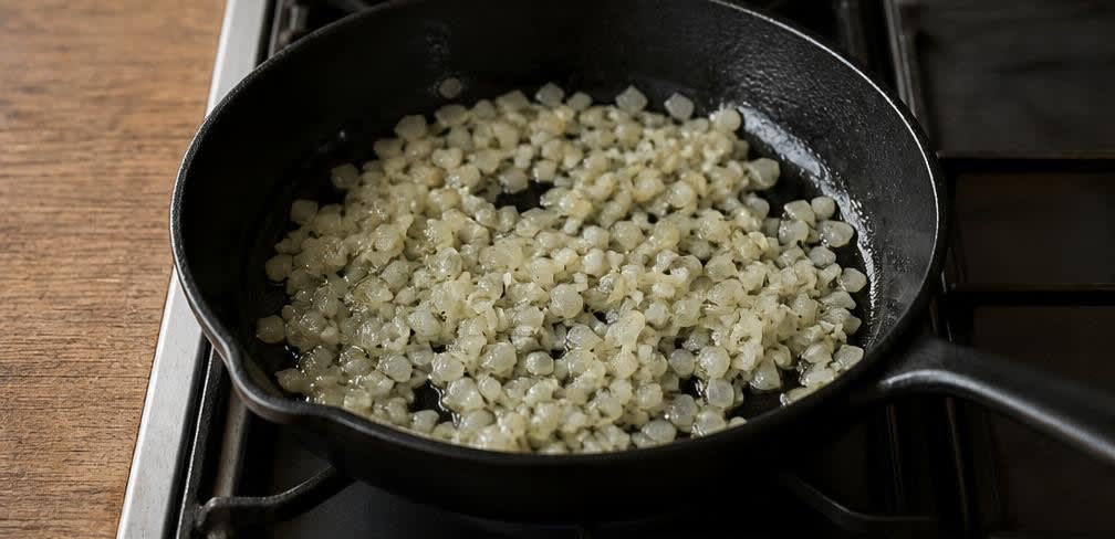Sardinen auf sanft gedünstetem Weißkohl und Kräuter-Bulgur – Zubereitung Schritt für Schritt – Zwiebeln andünsten