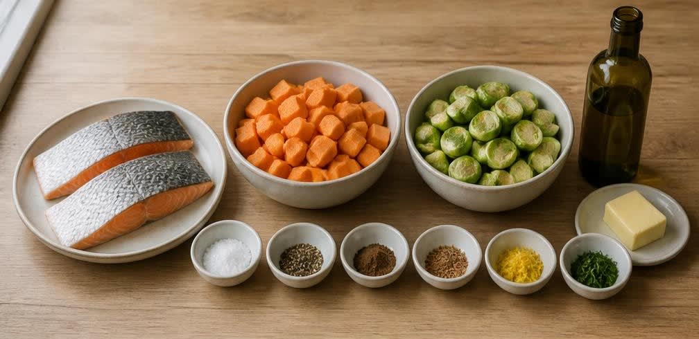 Gebratener Skandi-Lachs mit Rosenkohl und Süßkartoffeln – Zutaten