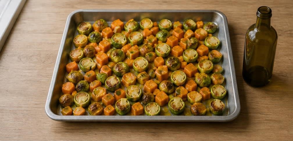 Gebratener Skandi-Lachs mit Rosenkohl und Süßkartoffeln – Zubereitung Schritt für Schritt – Gemüse mischen