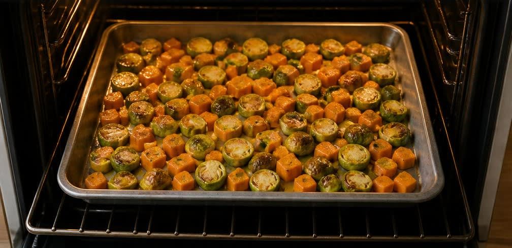 Gebratener Skandi-Lachs mit Rosenkohl und Süßkartoffeln – Zubereitung Schritt für Schritt – Gemüse würzen und backen