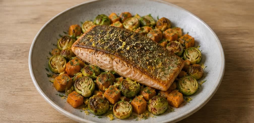Gebratener Skandi-Lachs mit Rosenkohl und Süßkartoffeln – Zubereitung Schritt für Schritt – Anrichten