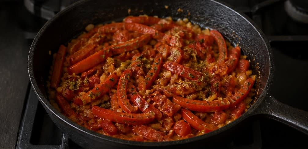 Spanische Garnelen-Paprika-Pasta – Zubereitung Schritt für Schritt – Paprika anbraten & Gewürze anrösten