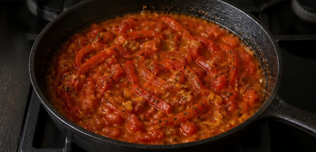 Spanische Garnelen-Paprika-Pasta – Zubereitung Schritt für Schritt – Sofrito-Basis herstellen