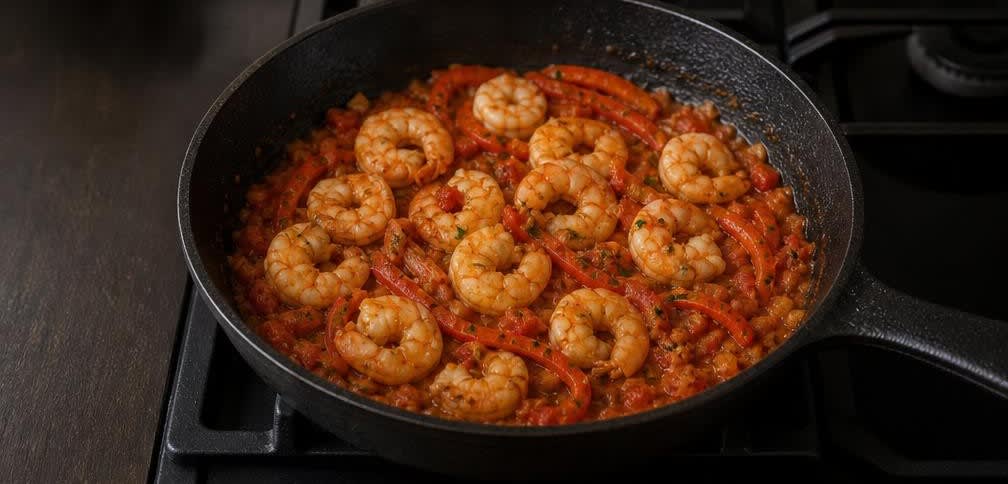 Spanische Garnelen-Paprika-Pasta – Zubereitung Schritt für Schritt – Garnelen braten