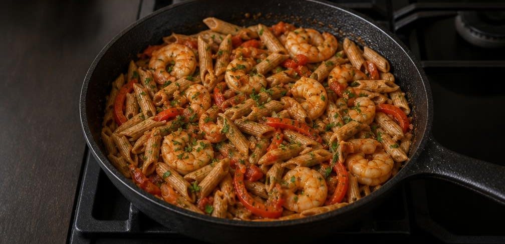 Spanische Garnelen-Paprika-Pasta – Zubereitung Schritt für Schritt – Pasta vermengen & vollenden
