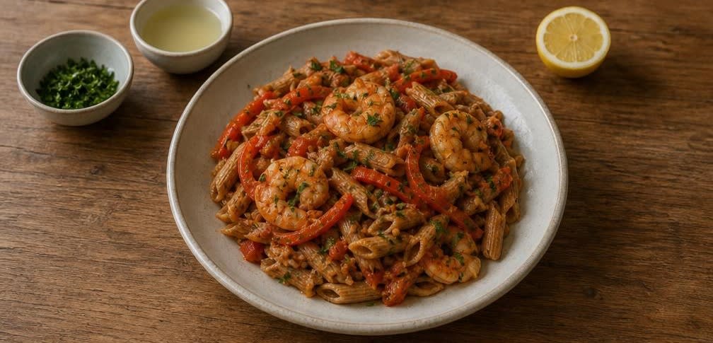 Spanische Garnelen-Paprika-Pasta – Zubereitung Schritt für Schritt – Anrichten