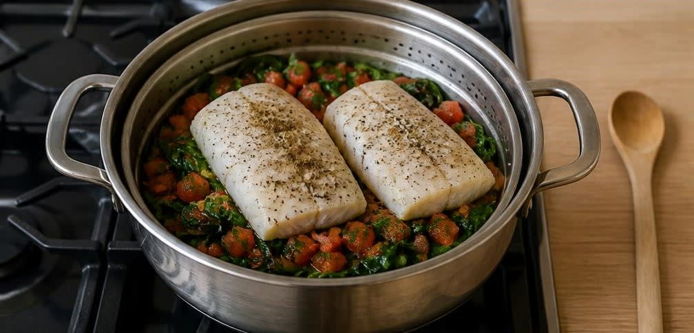 Gedünsteter Kabeljau mit Spinat und Tomate – Zubereitung Schritt für Schritt – Schichten und Würzen