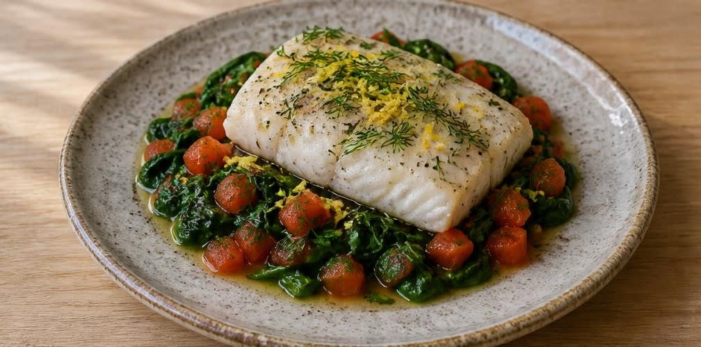 Gedünsteter Kabeljau mit Spinat und Tomate – Zubereitung Schritt für Schritt – Anrichten
