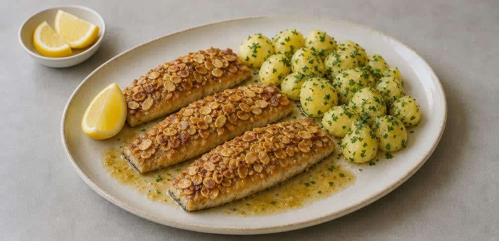 Gebratene Forelle mit Knusper-Mandeln und Salzkartoffeln – Zubereitung Schritt für Schritt – Anrichten