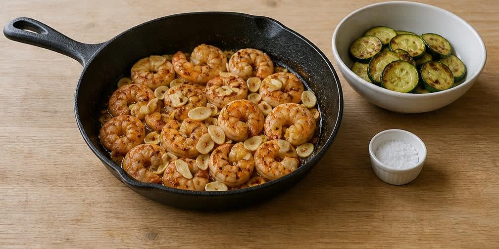 Gegrillte Garnelen mit Zucchini und Knoblauch – Zubereitung Schritt für Schritt – Knoblauch hinzufügen
