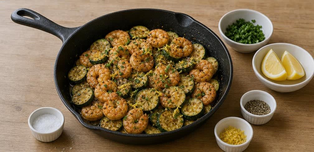 Gegrillte Garnelen mit Zucchini und Knoblauch – Zubereitung Schritt für Schritt – Gericht vollenden