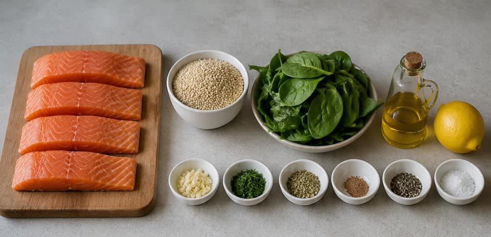 Gebratener Lachs mit Knoblauch-Spinat und Quinoa – Zutaten bereitstellen