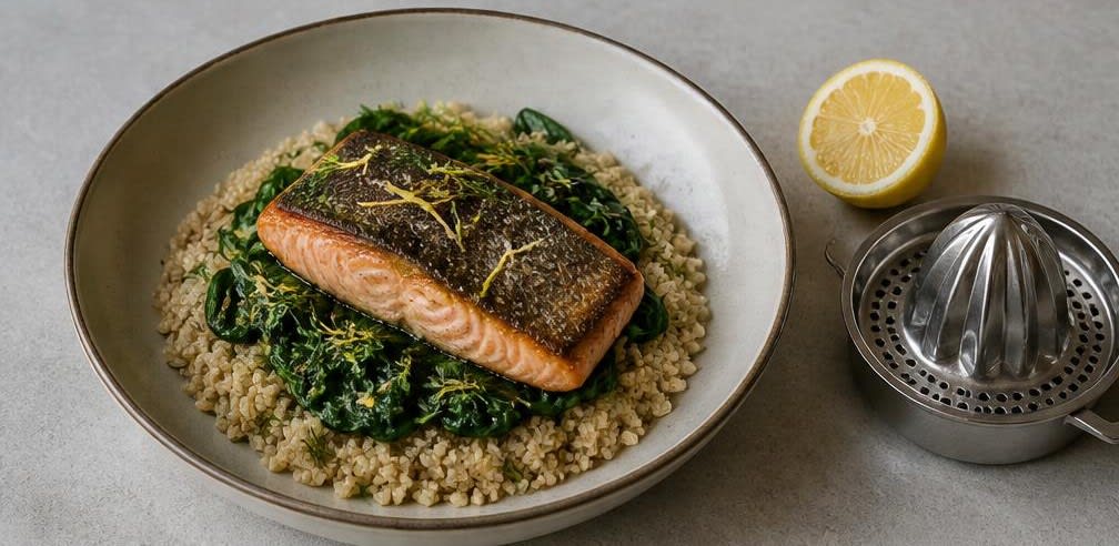 Gebratener Lachs mit Knoblauch-Spinat und Quinoa – Zubereitung Schritt für Schritt – Anrichten
