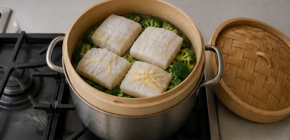 Asiatisch gedämpfter Kabeljau mit Brokkoli und Vollkornreis – Zubereitung Schritt für Schritt – Dämpfer beladen