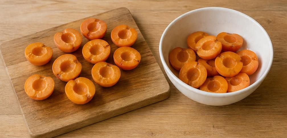 Geröstete Aprikosen mit Mandeln und Ahornsirup – Zubereitung Schritt für Schritt – Aprikosen vorbereiten
