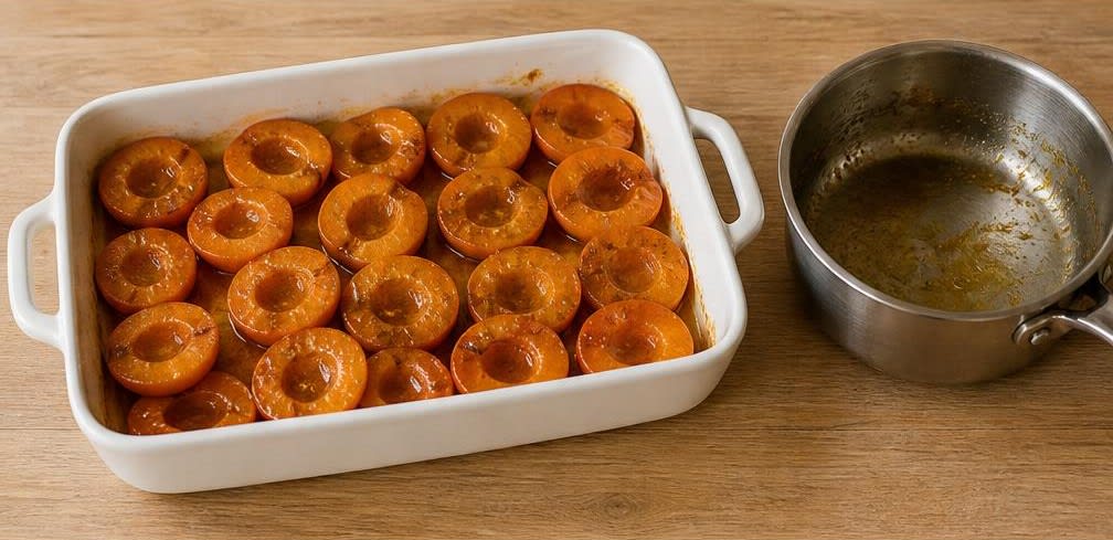 Geröstete Aprikosen mit Mandeln und Ahornsirup – Zubereitung Schritt für Schritt – Aprikosen glasieren