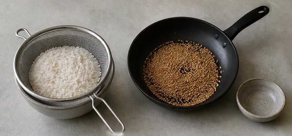Japanischer Kokos-Reispudding mit geröstetem Sesam – Zubereitung Schritt für Schritt – Reis waschen & Sesam rösten