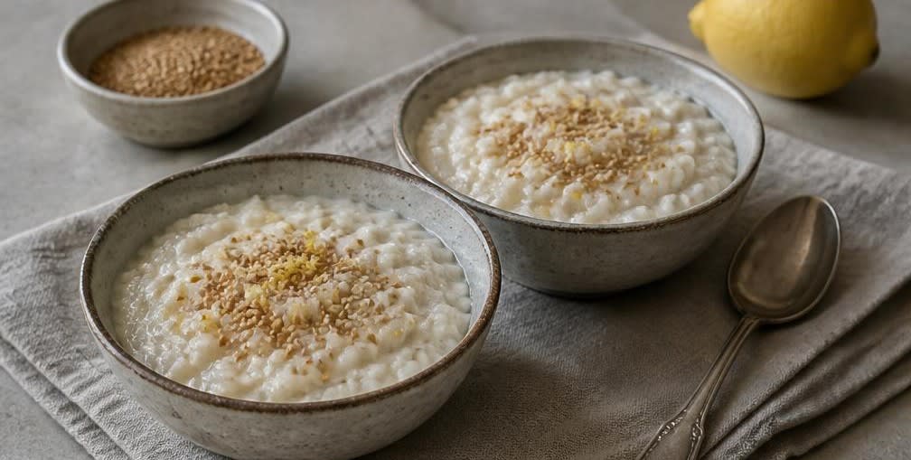 Japanischer Kokos-Reispudding mit geröstetem Sesam – Zubereitung Schritt für Schritt – Anrichten und servieren