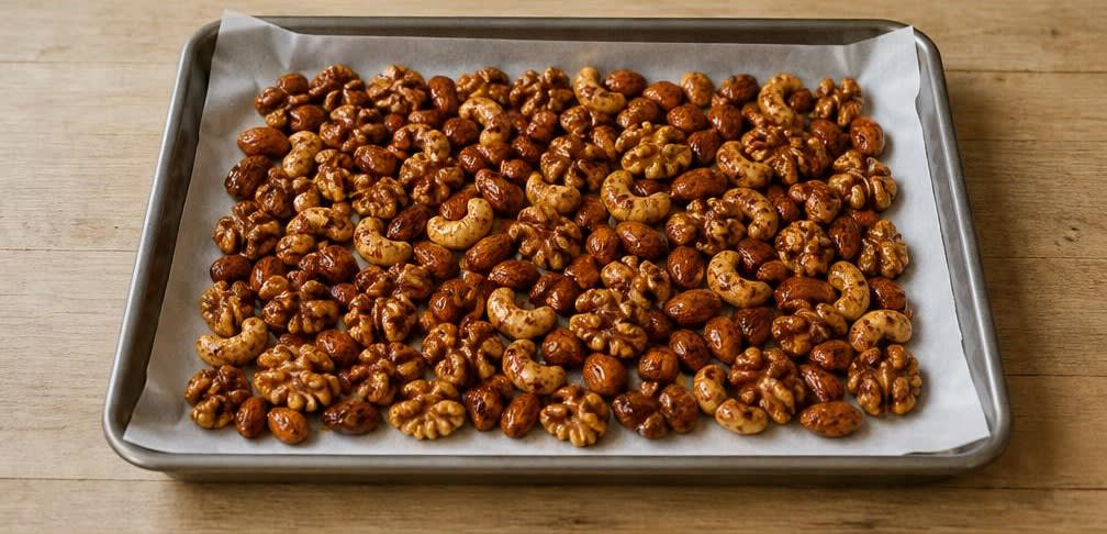 Türkisch gewürzter Nussmix mit Honig und Sumach – Zubereitung Schritt für Schritt – Auf dem Blech verteilen