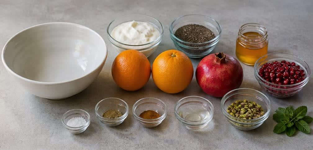 Israelisches Chia-Joghurt-Frühstück mit Orange und Granatapfel – Zutaten