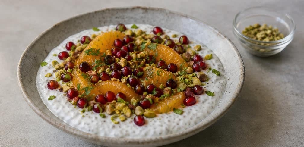 Israelisches Chia-Joghurt-Frühstück mit Orange und Granatapfel – Zubereitung Schritt für Schritt – Anrichten