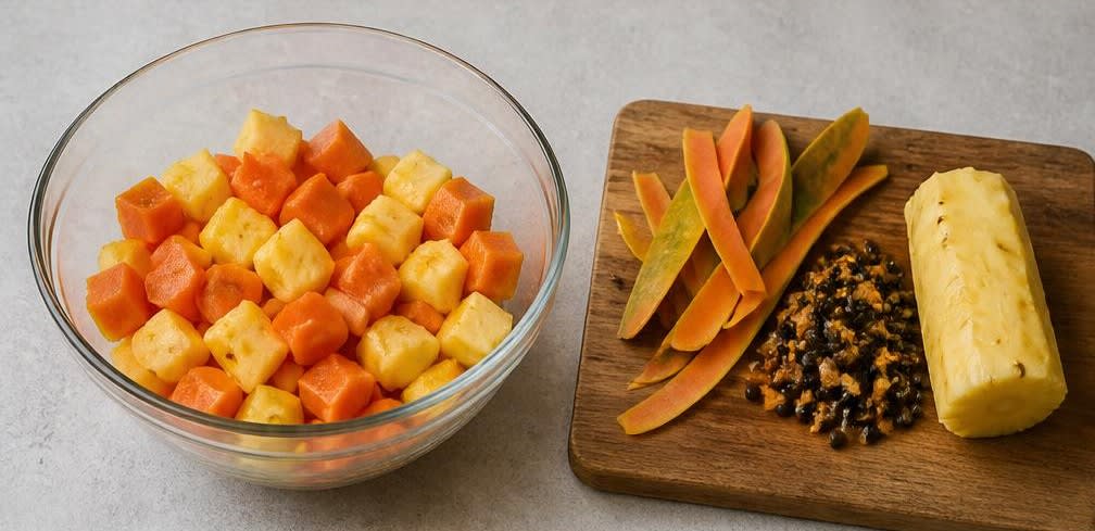 Brasilianischer Papaya-Ananas-Salat mit Kokos und Limette – Zubereitung Schritt für Schritt – Früchte vorbereiten