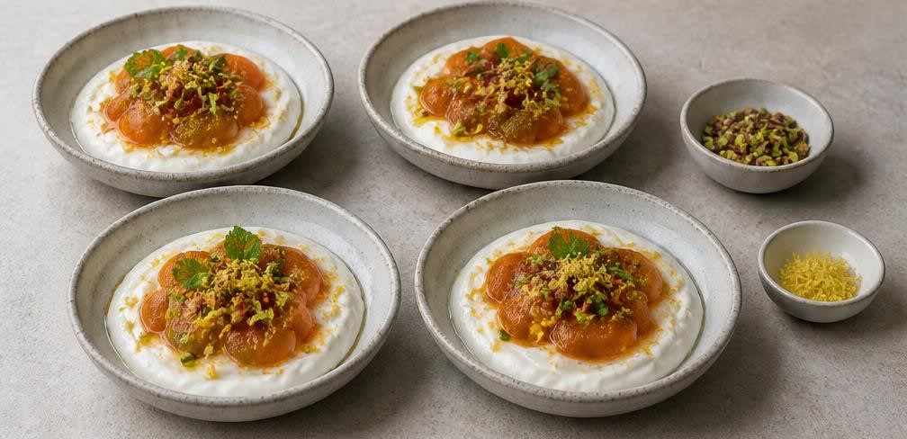 Warmes Aprikosen-Kompott auf kühlem griechischem Joghurt – Zubereitung Schritt für Schritt – Anrichten
