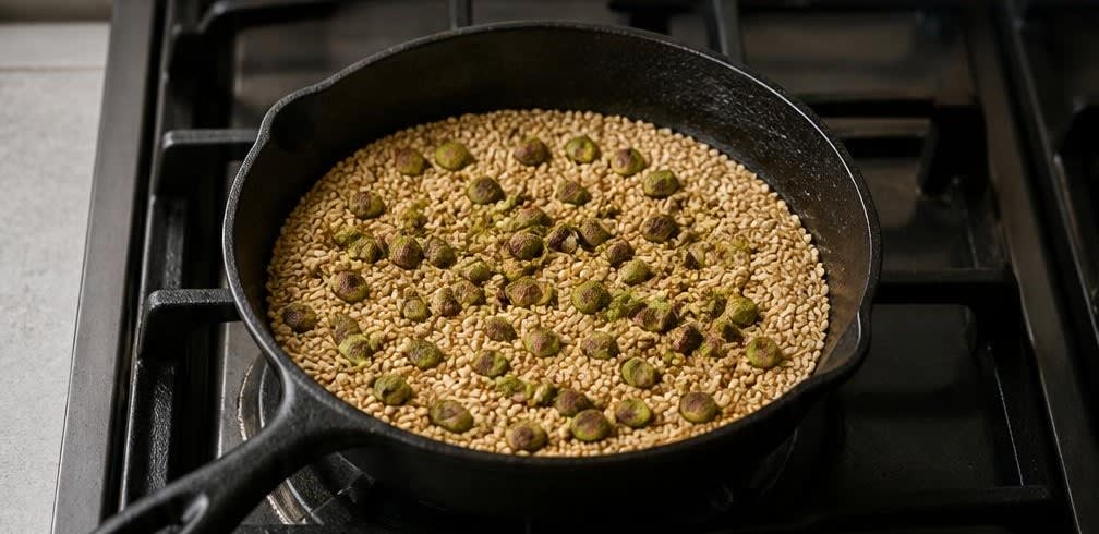 Pistazien-Halva mit Sesam und flüssigem Honig – Zubereitung Schritt für Schritt – Sesam und Pistazien rösten
