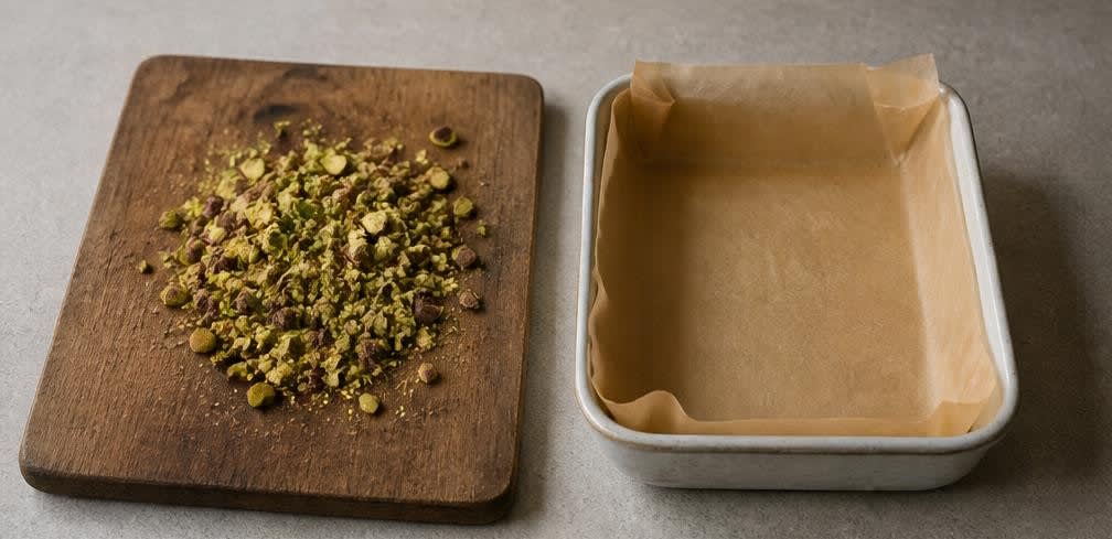 Pistazien-Halva mit Sesam und flüssigem Honig – Zubereitung Schritt für Schritt – Pistazien hacken und Form vorbereiten