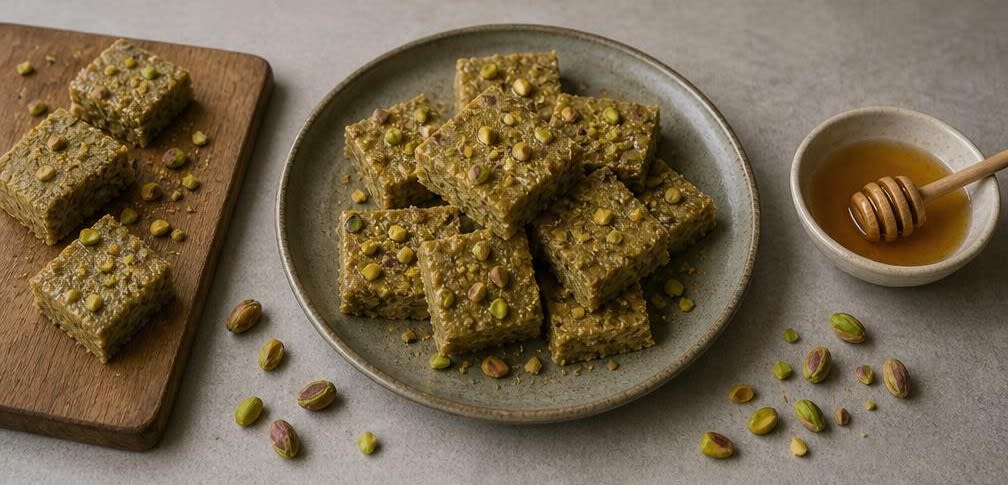 Pistazien-Halva mit Sesam und flüssigem Honig – Zubereitung Schritt für Schritt – Halva schneiden und anrichten