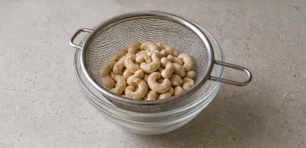 Samtige Cashew-Schoko-Creme mit Medjool-Datteln – Zubereitung Schritt für Schritt – Cashewkerne abgießen