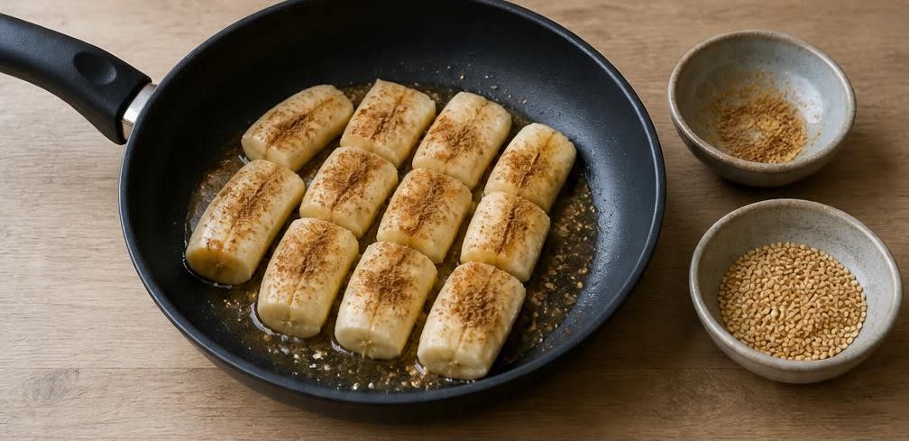 Karamellisierte gebackene Banane mit Sesam und Honig – Zubereitung Schritt für Schritt – Bananen in die Pfanne