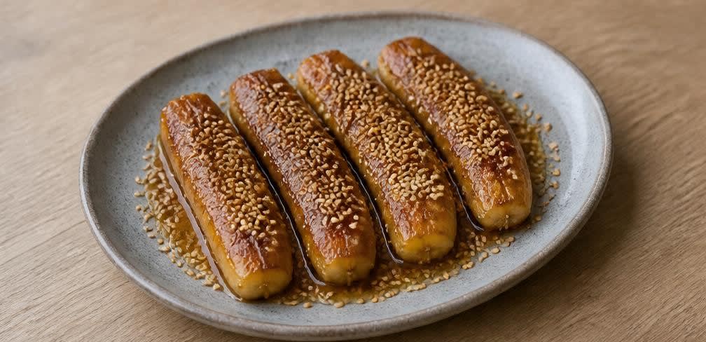Karamellisierte gebackene Banane mit Sesam und Honig – Zubereitung Schritt für Schritt – Anrichten