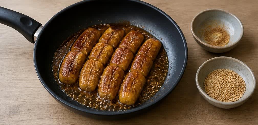Karamellisierte gebackene Banane mit Sesam und Honig – Zubereitung Schritt für Schritt – Karamellisieren