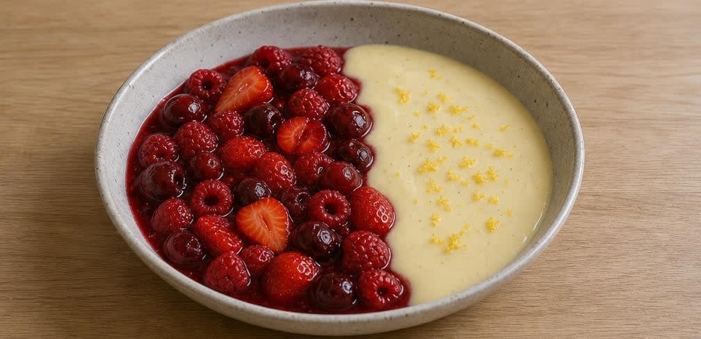 Klassische skandinavische Rote Grütze mit Vanillesoße – Zubereitung Schritt für Schritt – Anrichten