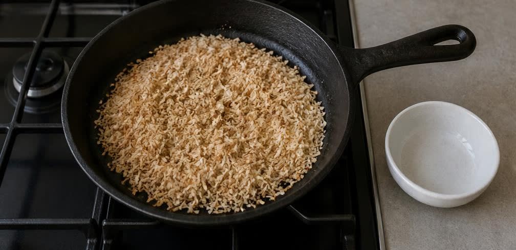 Cremiger Brasilianischer Kokos-Milchreis mit Ananas – Zubereitung Schritt für Schritt – Kokosraspeln rösten