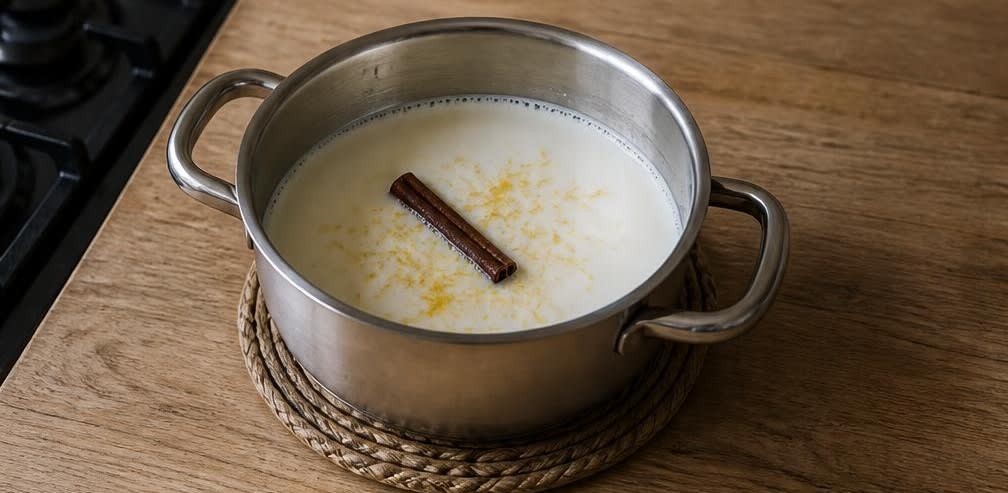 Crema Catalana mit Zitrone und feiner Zimtnote – Zubereitung Schritt für Schritt – Milch aromatisieren