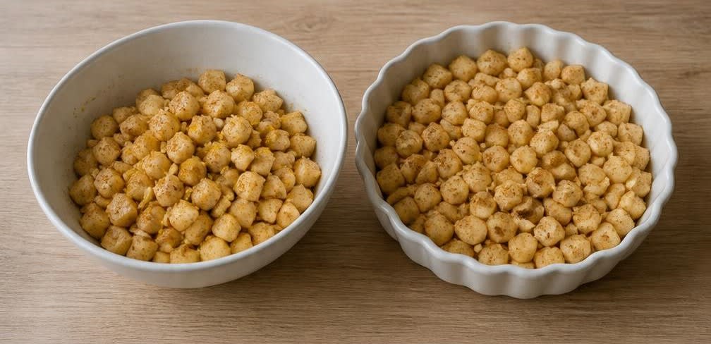 Klassischer britischer Apfel-Crumble mit knusprigen Haferflocken – Zubereitung Schritt für Schritt – Apfelfüllung mischen und verteilen