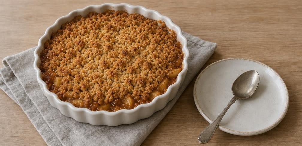 Klassischer britischer Apfel-Crumble mit knusprigen Haferflocken – Zubereitung Schritt für Schritt – Anrichten