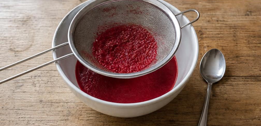 Klassisches Himbeer-Sorbet mit Limette – Zubereitung Schritt für Schritt – Fruchtpüree passieren