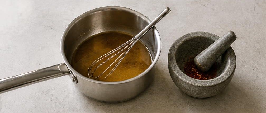 Gebackener persischer Pfirsich mit Honig, Kardamom und Mandeln – Zubereitung Schritt für Schritt – Würzöl herstellen