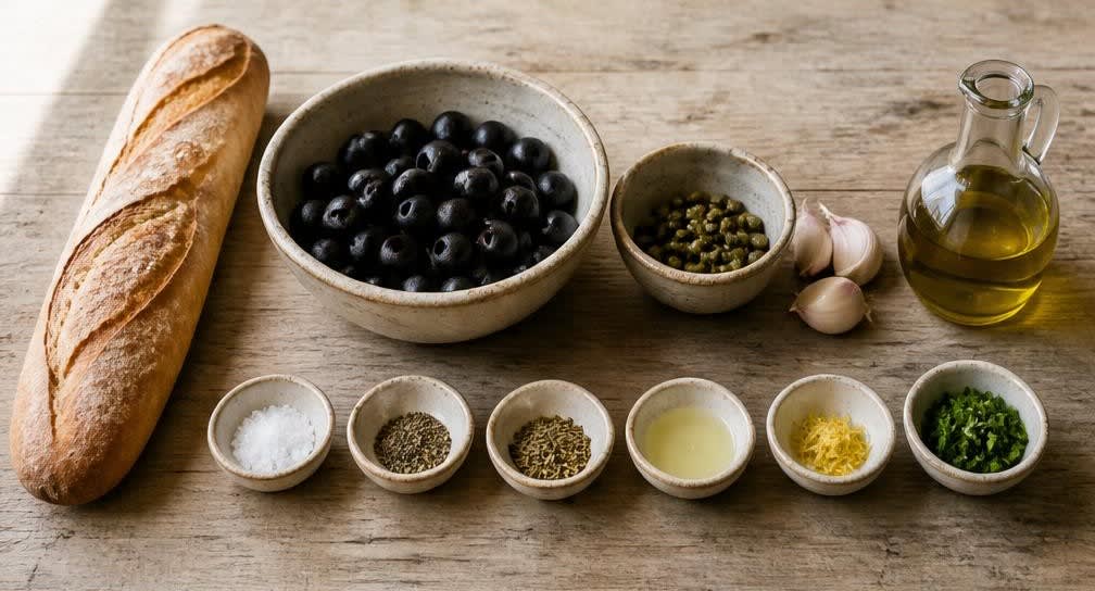 Klassische provenzalische Oliven-Tapenade mit knusprigem Weißbrot – Zutaten